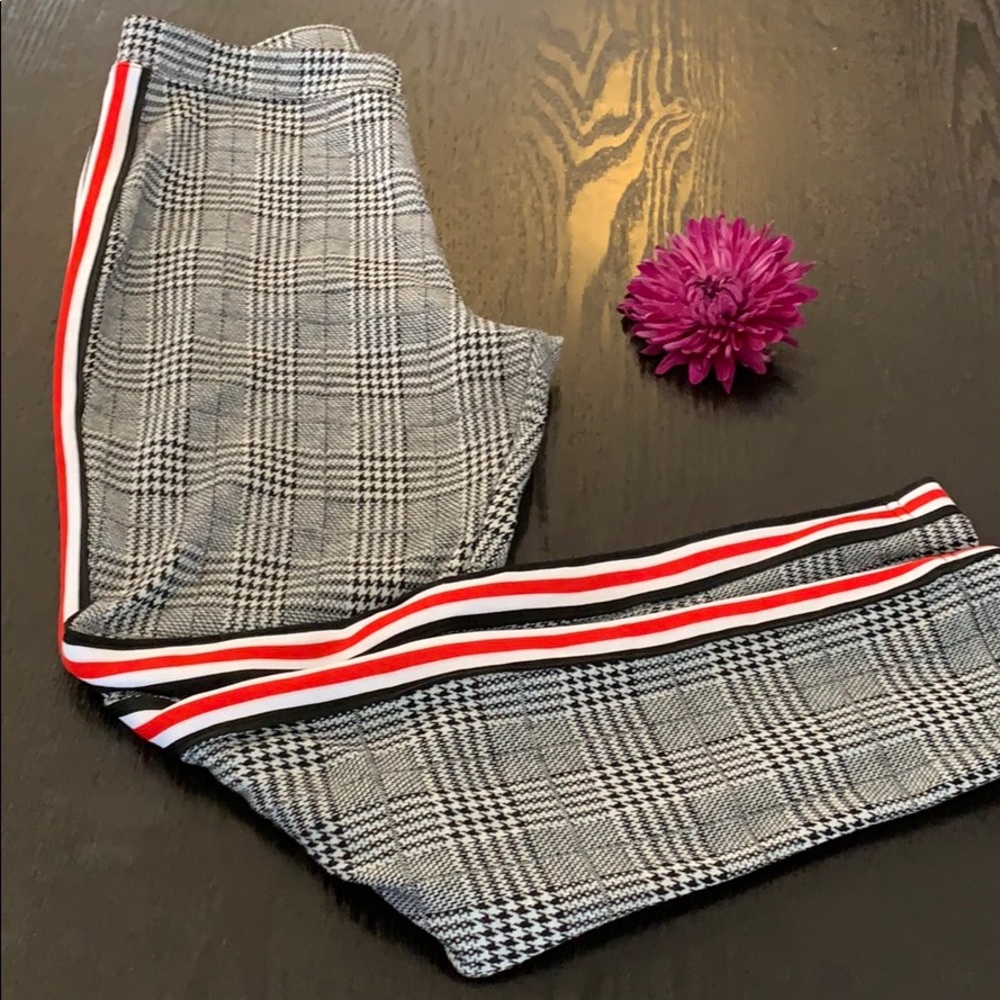 black and white checked trousers